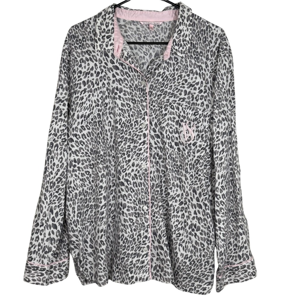 Victoria's Secret Leopard Animal Print Logo Embroidery Button Up Pajama Shirt XL